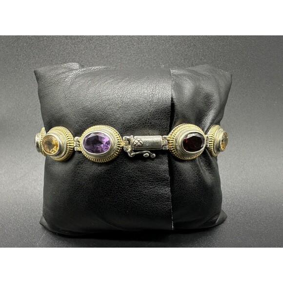 Sterling Silver 14k Gold Multi Gemstone Bracelet 7.25"~Garnet~Citrine~Amethyst - Picture 3 of 11